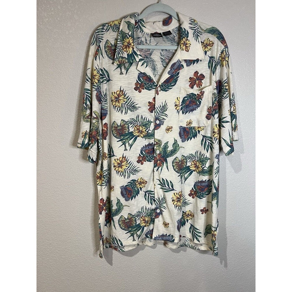 Jurassic Park World Hawaiian Button T-Shirt 90s Movie Dinosaur Tropical C1
